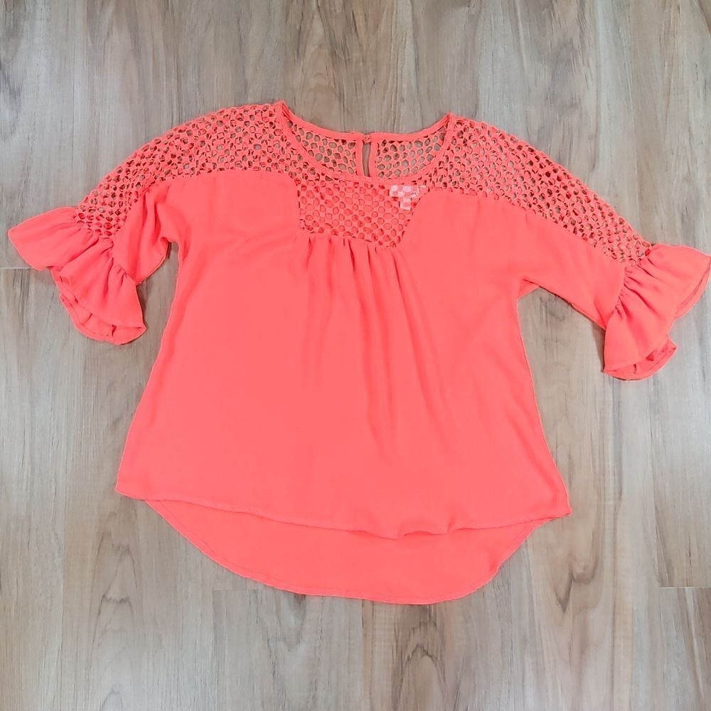 🔹️GB Girls Neon Orange Mesh Ruffled Cuff Blouse XLarge